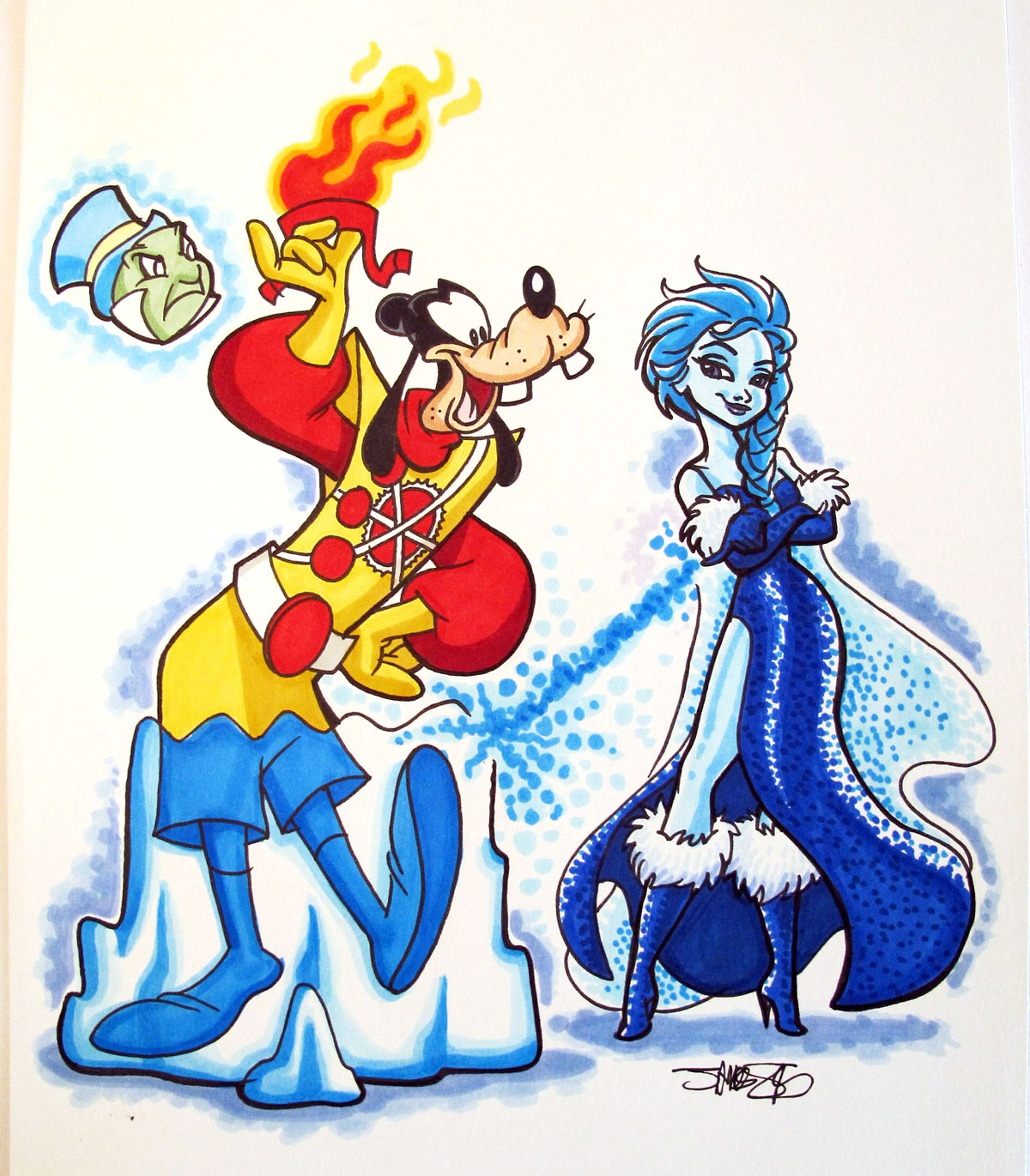 Disney & Firestorm Mash-up featuring Elsa from Frozen as Killer Frost, Goofy as Ronnie Raymond, and Jiminy Cricket as Professor Stein - art by James Silvani