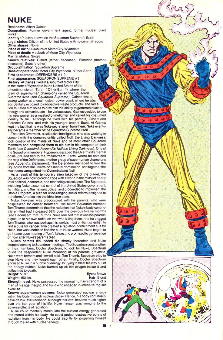 Marvel Squadron Supreme Nuke from The Official Handbook of the Marvel Universe