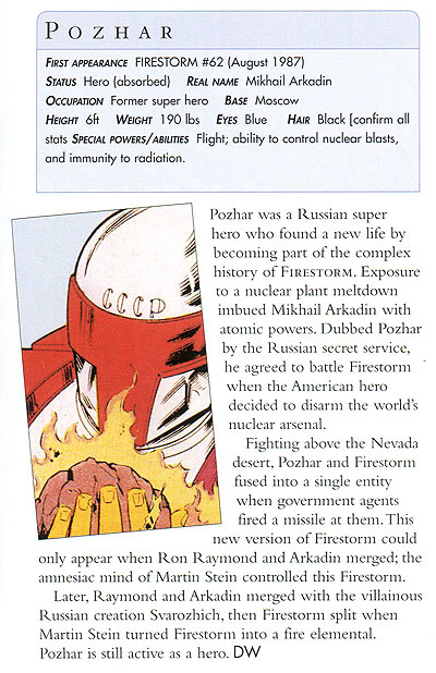 Mikhail Arkadin as Pozhar and Firestorm from DC Comics Encyclopedia